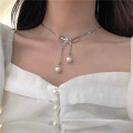 Bow knot pearl ins lovely design stainless steel high quality snake chain necklace jewelry